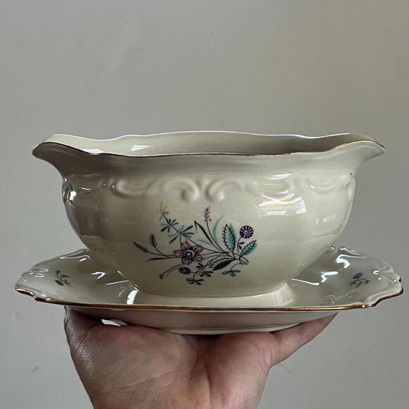 Vintage PT Tulowice China Gravy Boat with Attached Plate Floral Design